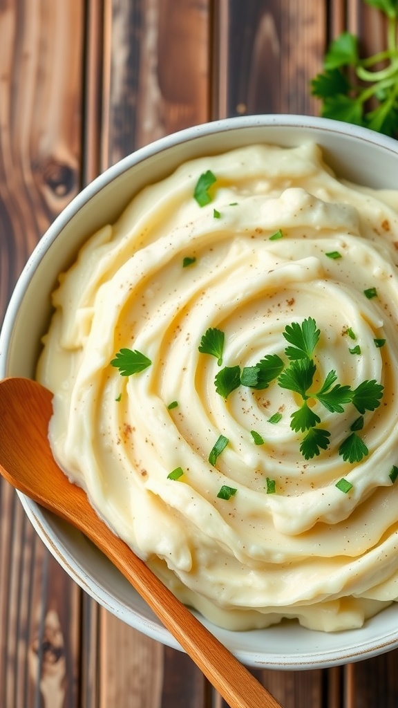 Creamy garlic mashed potatoes in a bowl, garnished with parsley on a wooden table.